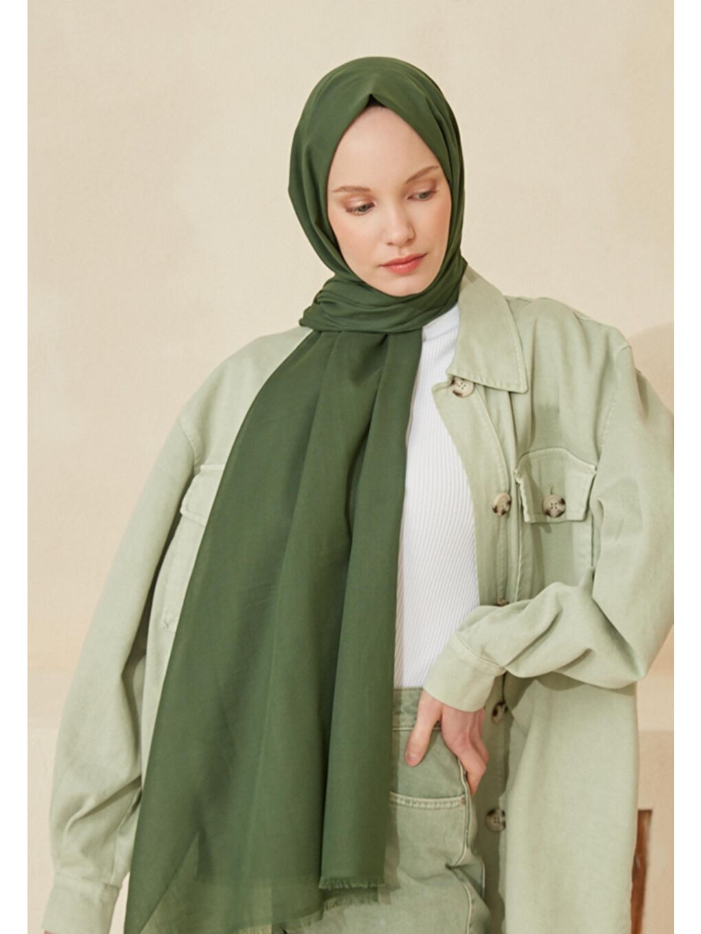 Yeşil İnce Pamuk Vual Şal Zümrüt-1