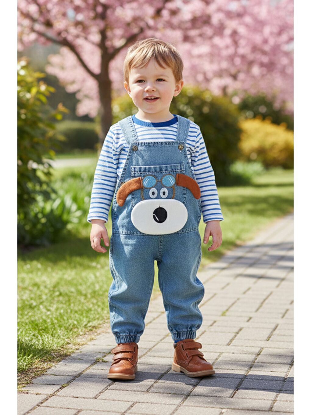 Mavi %100 Pamuk Köpek Nakışlı Salopet Takım