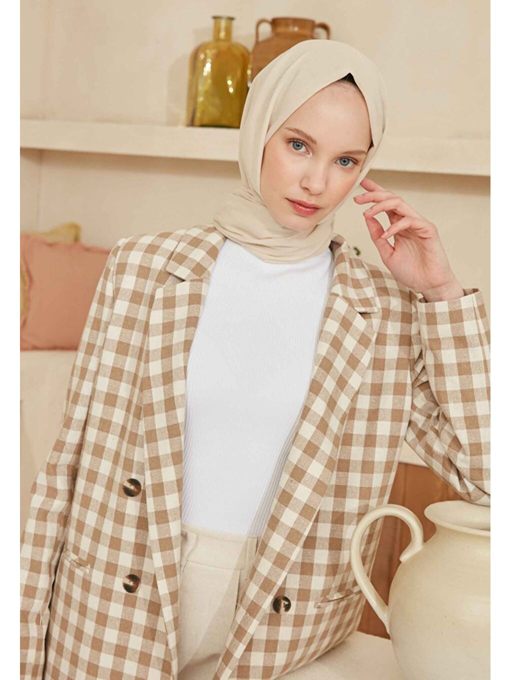 Ekru İnce Pamuk Vual Şal Fildişi