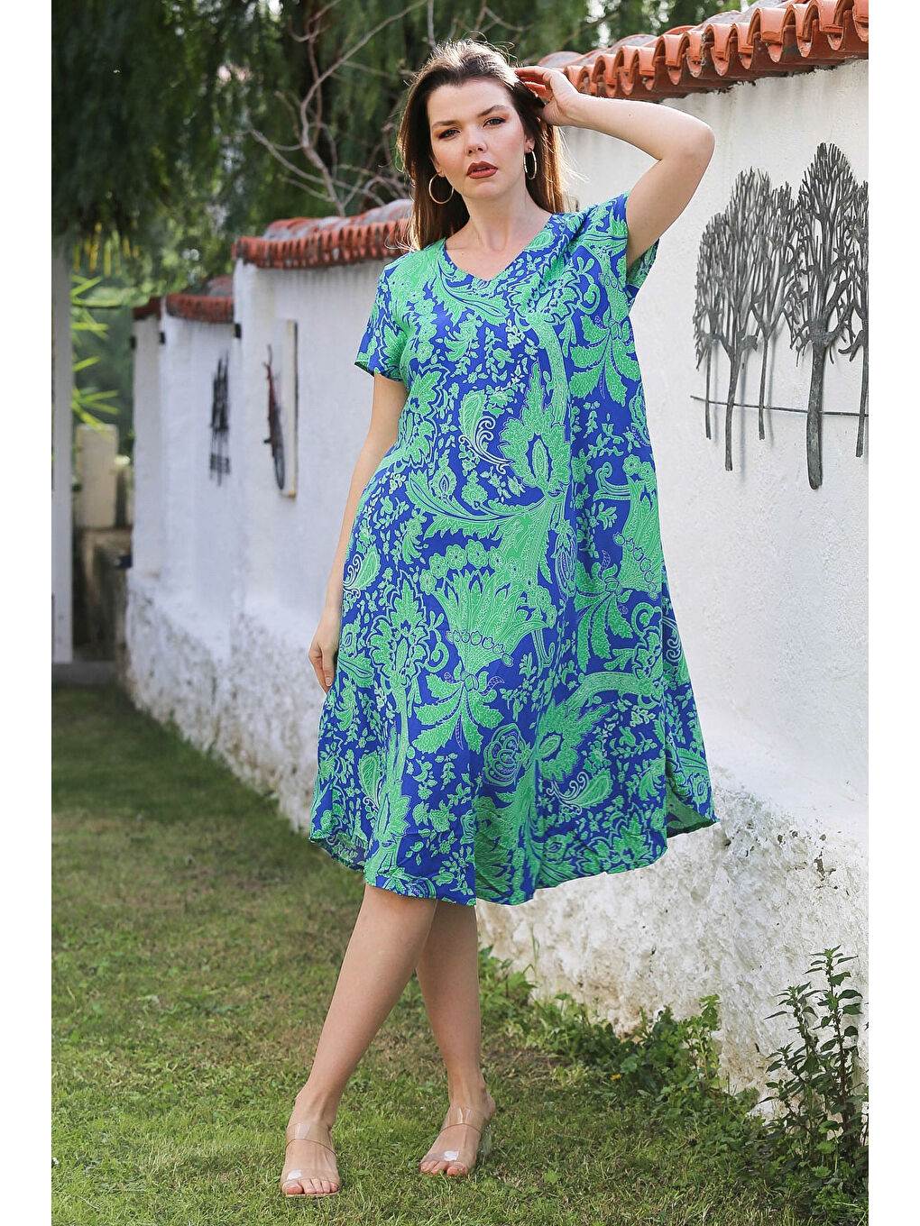 Mavi-Yeşil V Yaka Düşük Kol Allover Baskılı Casual Viskon Dokuma Elbise 115 66-1