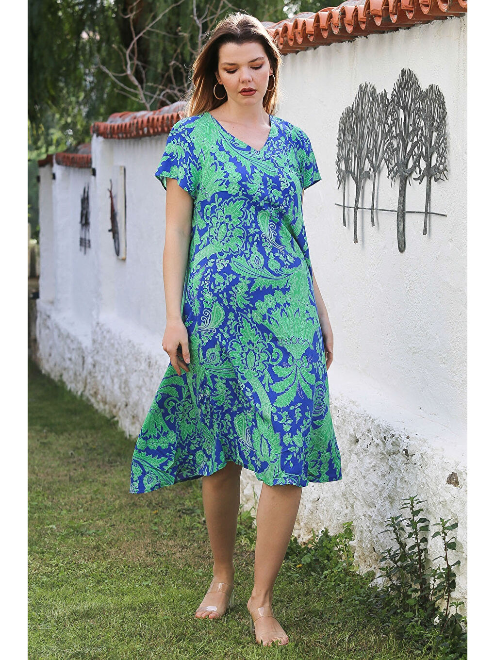 Mavi-Yeşil V Yaka Düşük Kol Allover Baskılı Casual Viskon Dokuma Elbise 115 66-2