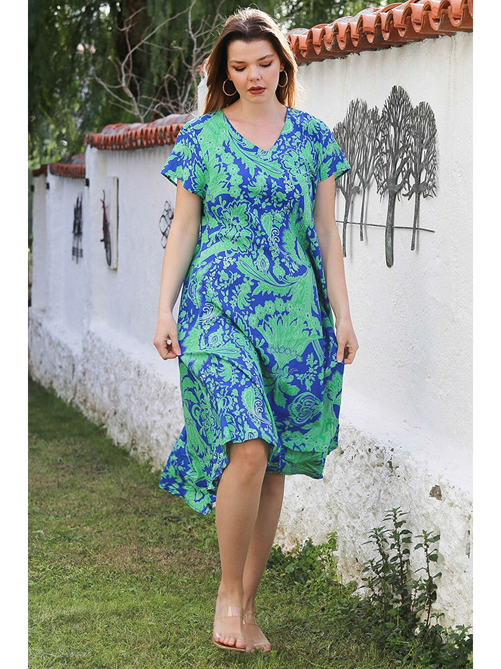 Mavi-Yeşil V Yaka Düşük Kol Allover Baskılı Casual Viskon Dokuma Elbise 115 66-3