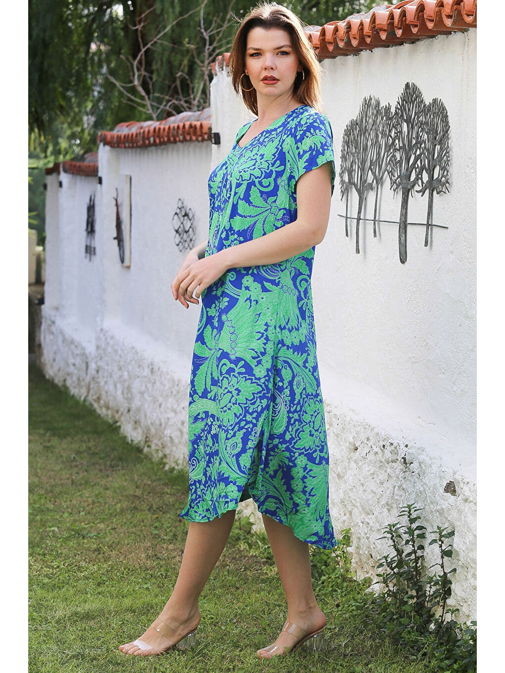 Mavi-Yeşil V Yaka Düşük Kol Allover Baskılı Casual Viskon Dokuma Elbise 115 66-4