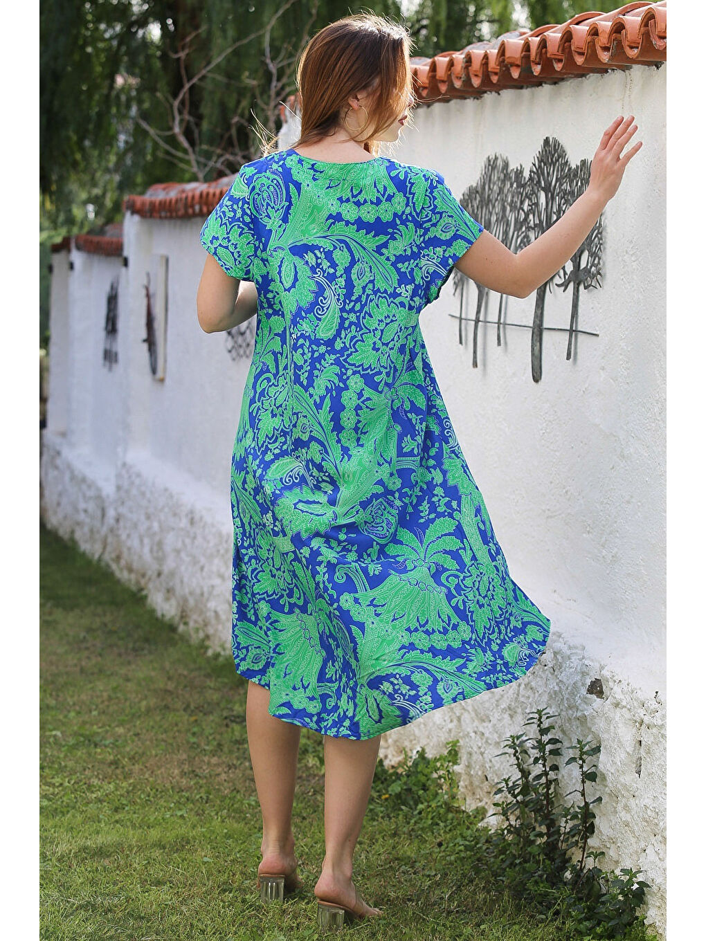 Mavi-Yeşil V Yaka Düşük Kol Allover Baskılı Casual Viskon Dokuma Elbise 115 66-5