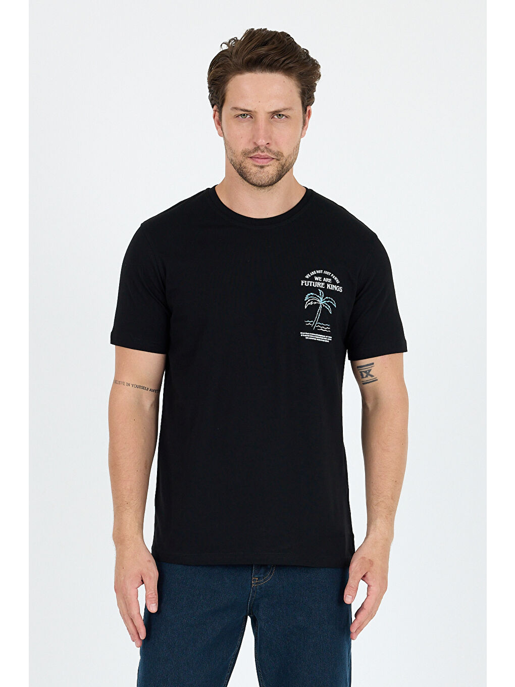 Siyah Bisiklet Yaka Baskılı Penye Erkek %100 Pamuk Tişört