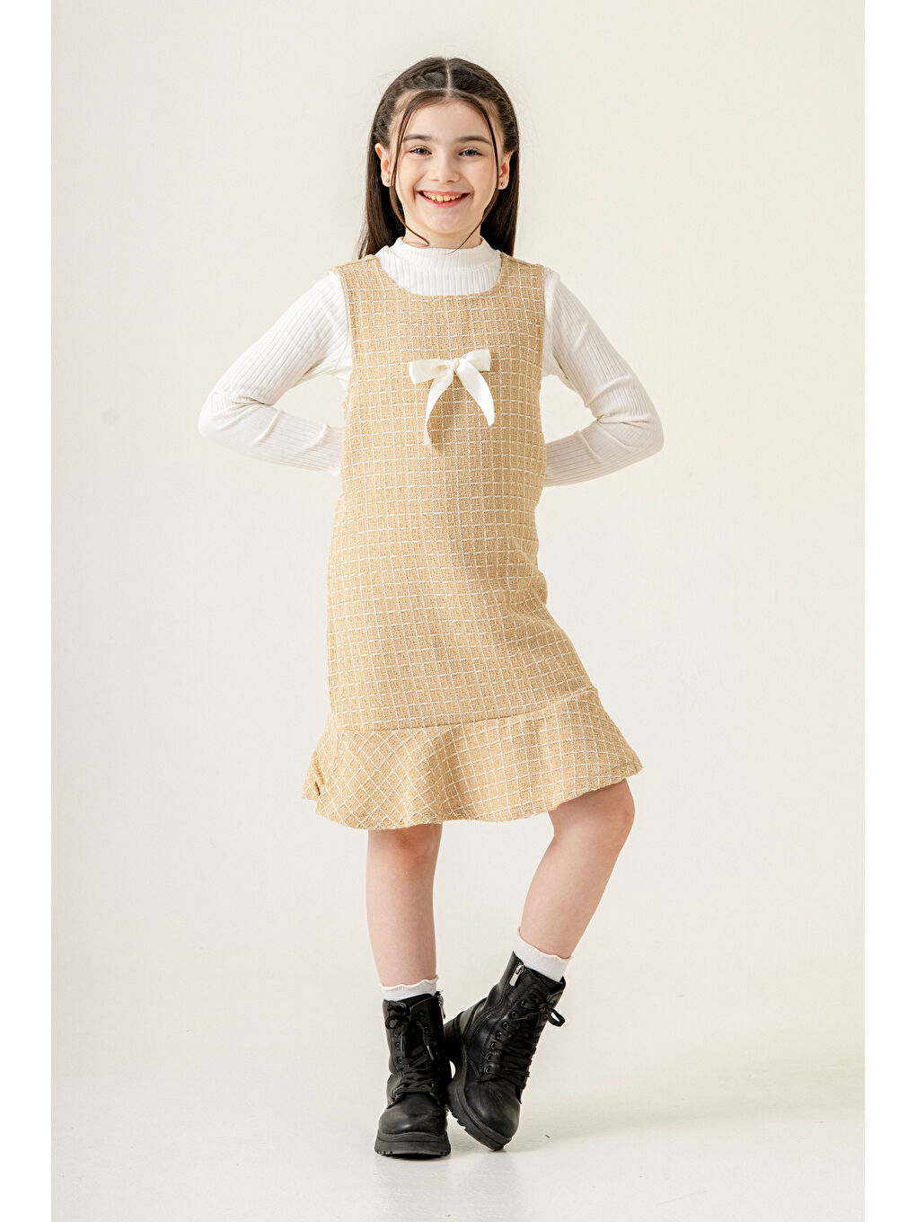 Kurdele Detaylı Badili Parıltılı Elbise Kız Çocuk 5-9 Yaş Bej 3777-4