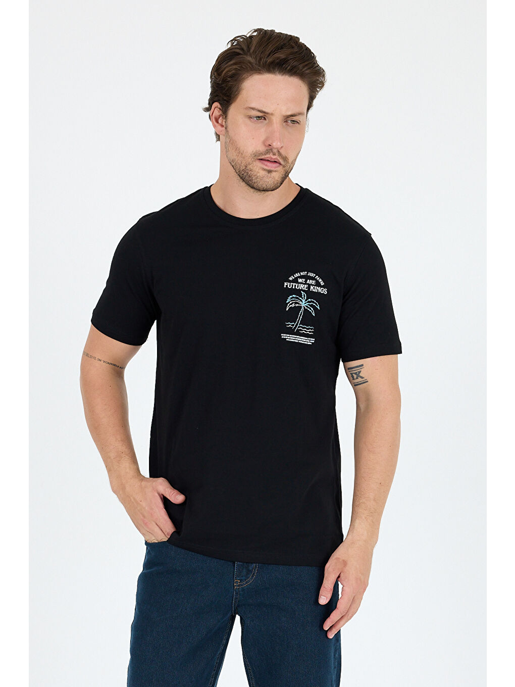 Siyah Bisiklet Yaka Baskılı Penye Erkek %100 Pamuk Tişört-1