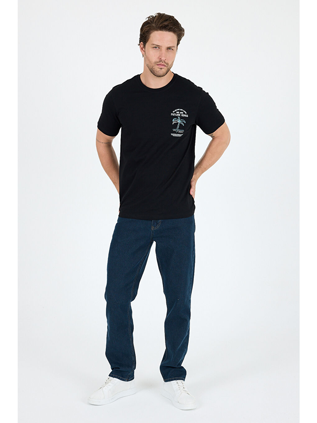 Siyah Bisiklet Yaka Baskılı Penye Erkek %100 Pamuk Tişört-2