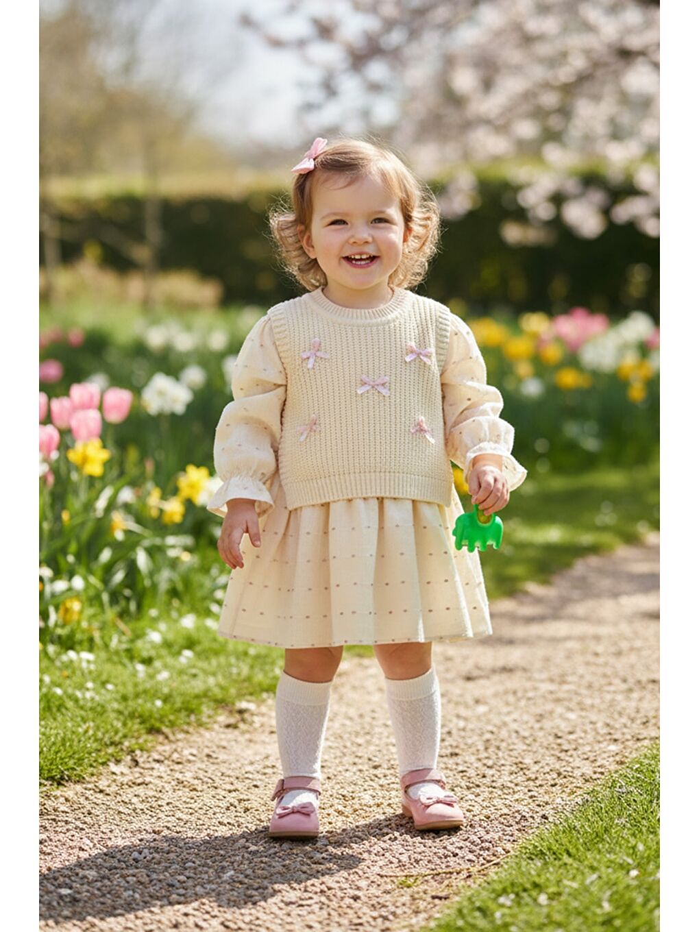 Pembe Fiyonklu Triko Süveterli Kız Çocuk Elbise
