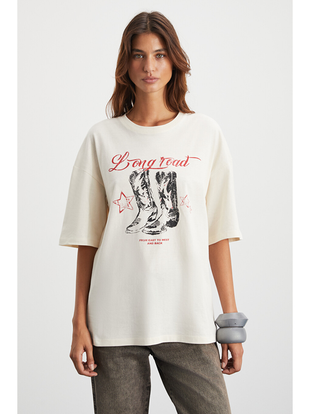 Ekru MAJER Kadın %100 Organik Pamuklu Western Tema Baskılı Regular Fit KREM T-Shirt-3