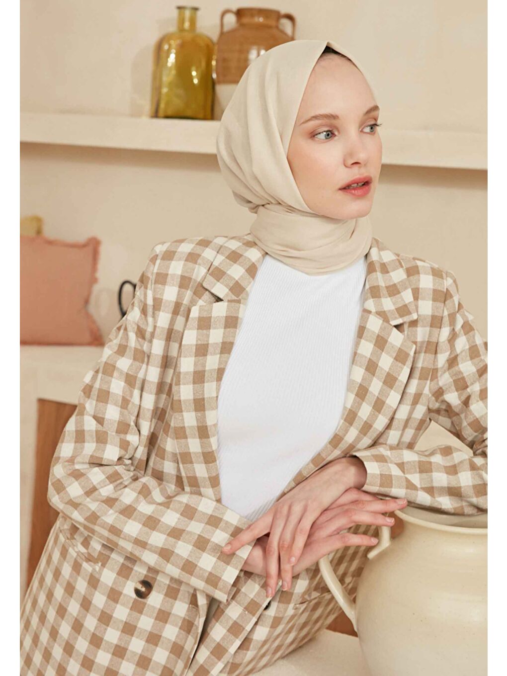 Ekru İnce Pamuk Vual Şal Fildişi-2