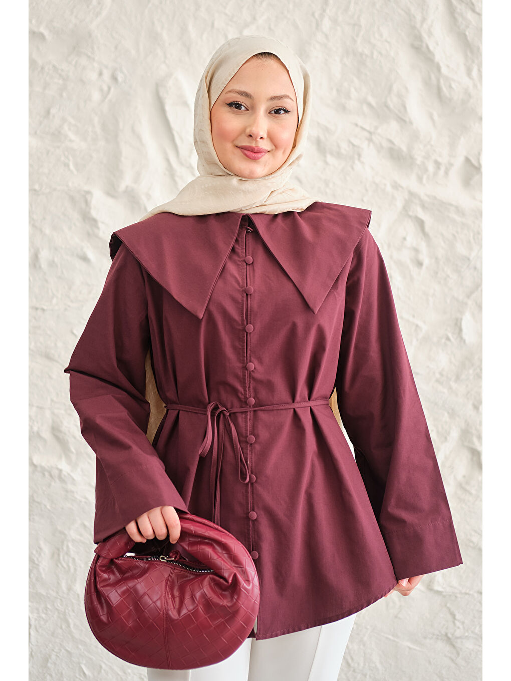 Kadın Gemici Yaka Bel Bağlamalı Gömlek Bordo-1