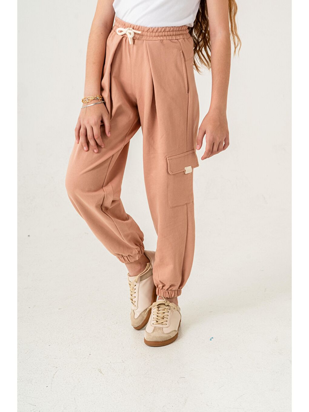 Pembe Kargo Cepli Paça Lastikli Cep Kapagı Balıksırtlı Kız Çocuk Eşofman Altı-3