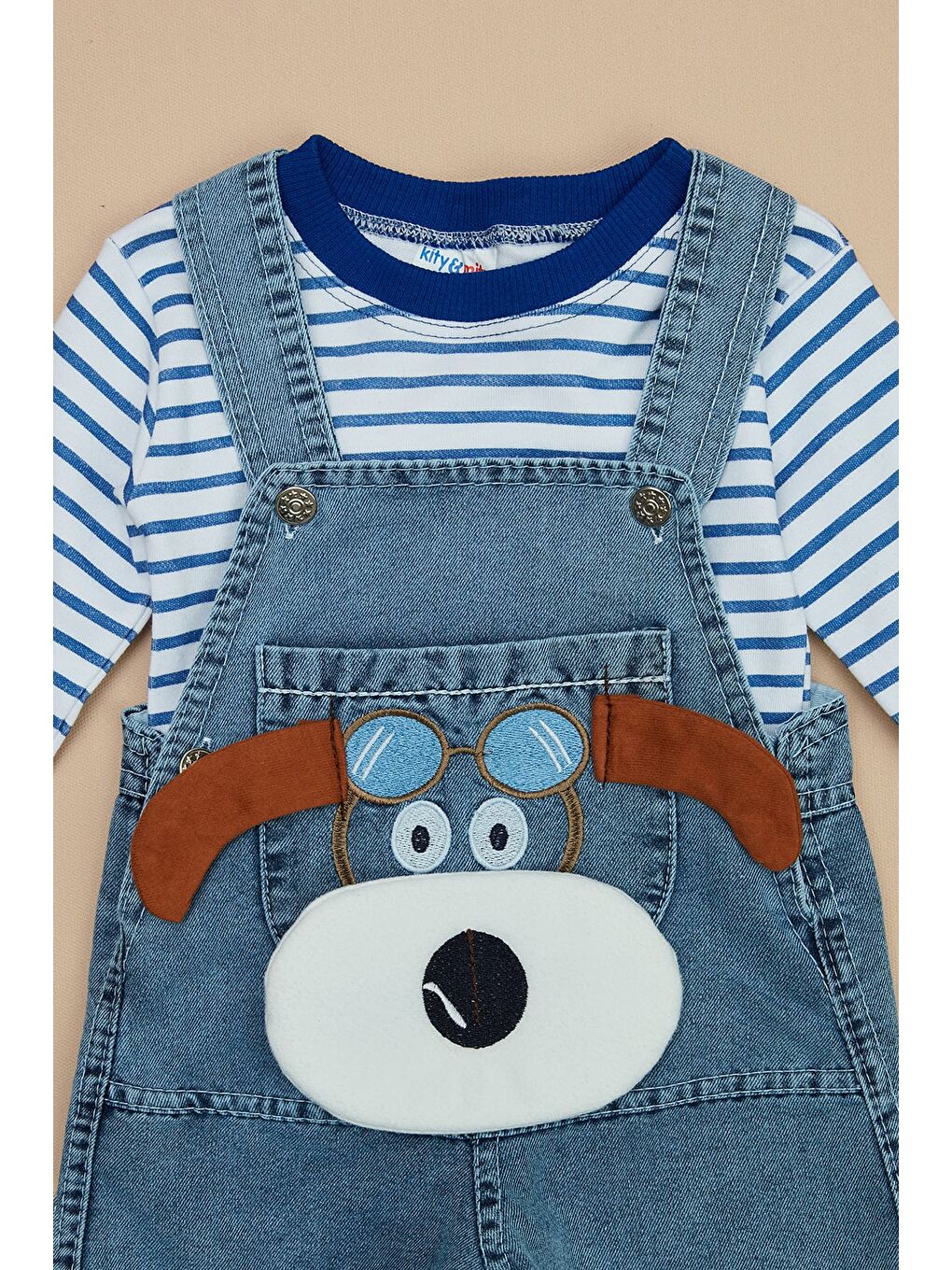 Mavi %100 Pamuk Köpek Nakışlı Salopet Takım-4