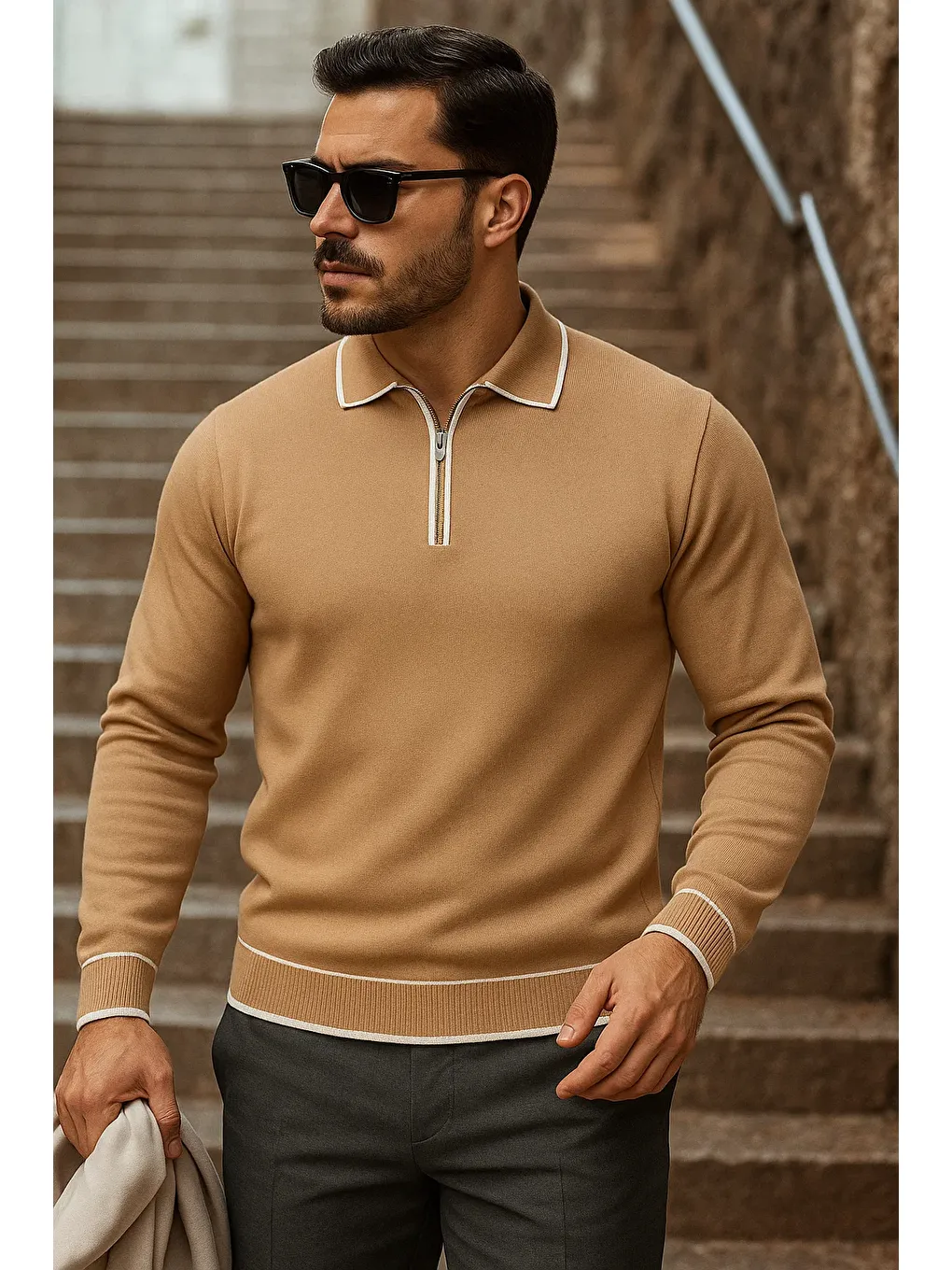 Kahverengi Erkek Trend Fermuarlı Uzun Kollu Camel Polo Yaka Kazak-1