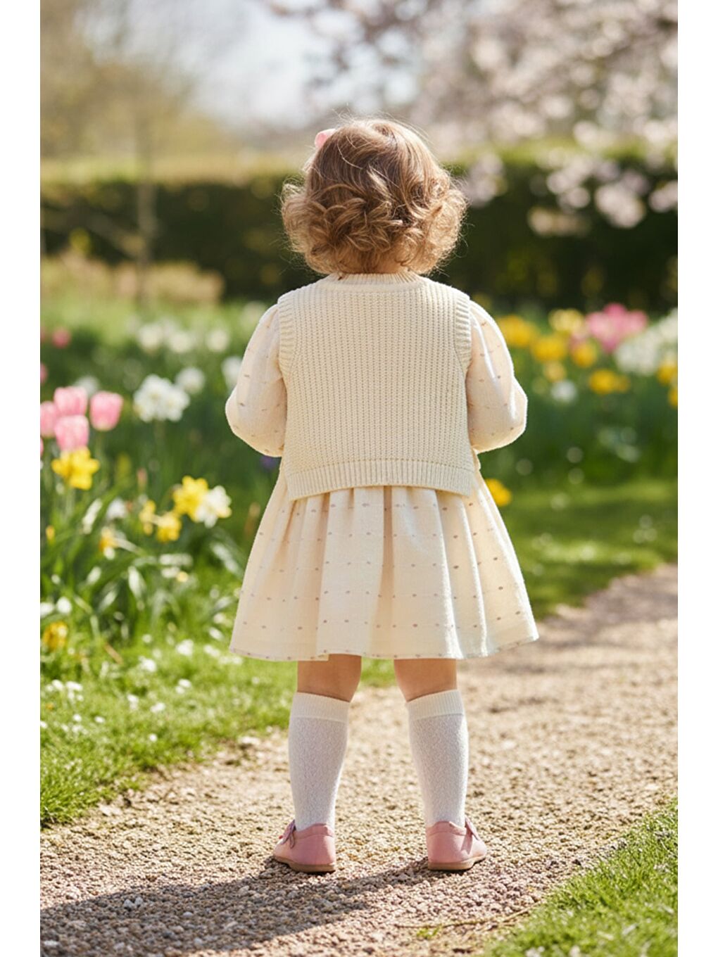 Pembe Fiyonklu Triko Süveterli Kız Çocuk Elbise-1