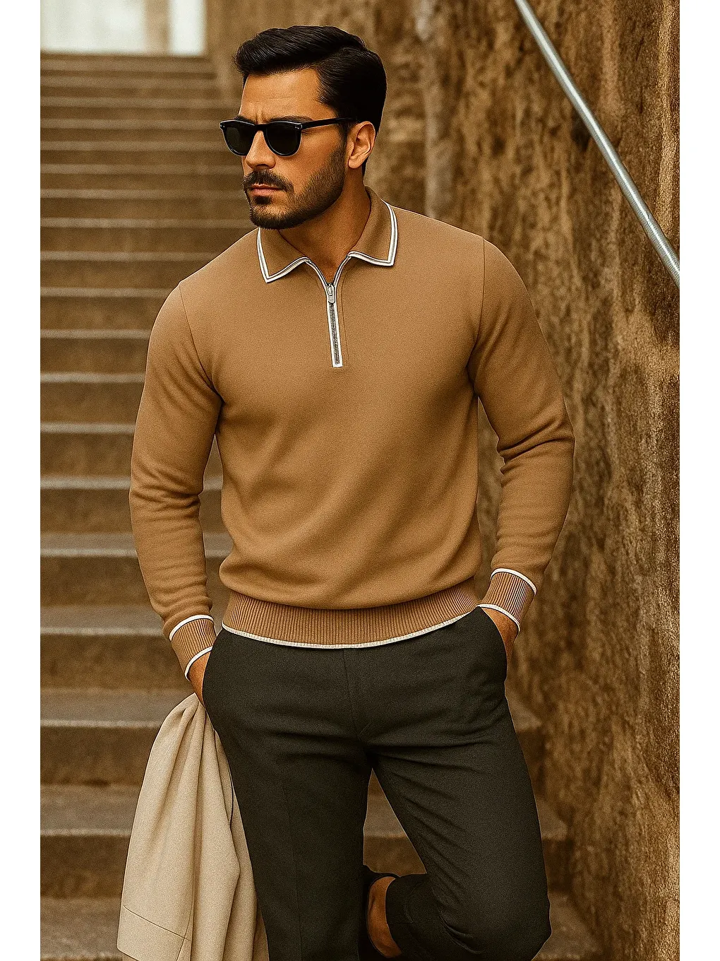 Kahverengi Erkek Trend Fermuarlı Uzun Kollu Camel Polo Yaka Kazak-2