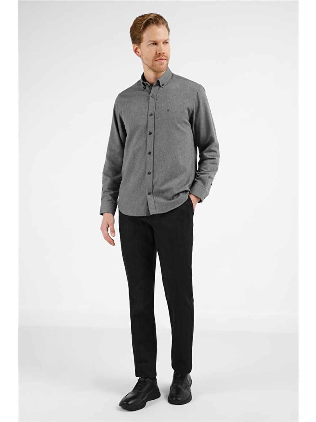 Antrasit - Lacivert Düğmeli Yaka Uzun Kol Cepsiz Slim Fit Pamuklu Gömlek 1004255233-1