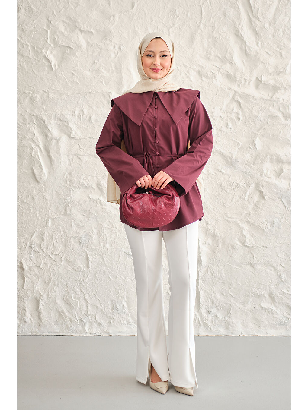 Kadın Gemici Yaka Bel Bağlamalı Gömlek Bordo-2