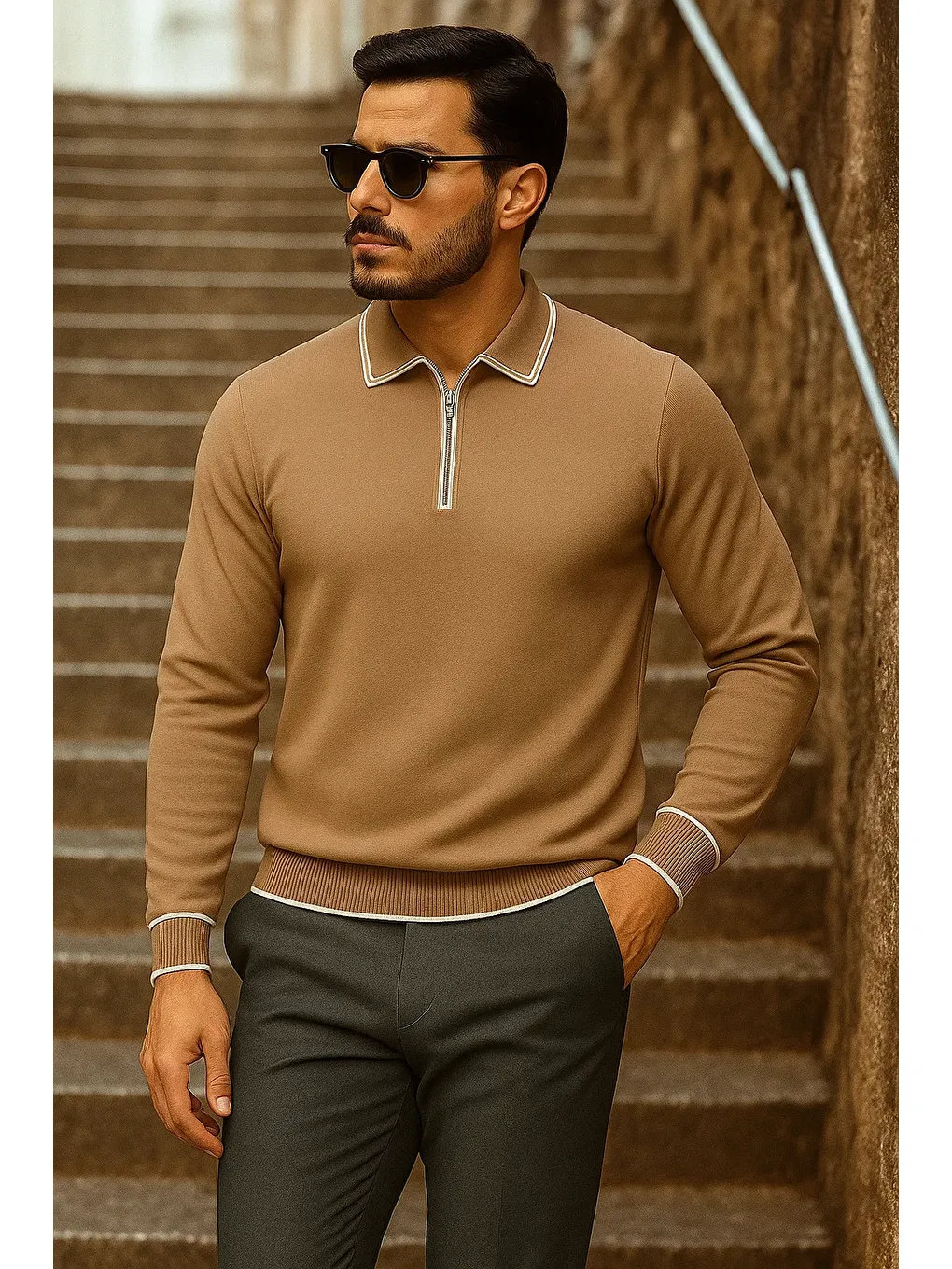 Kahverengi Erkek Trend Fermuarlı Uzun Kollu Camel Polo Yaka Kazak-3