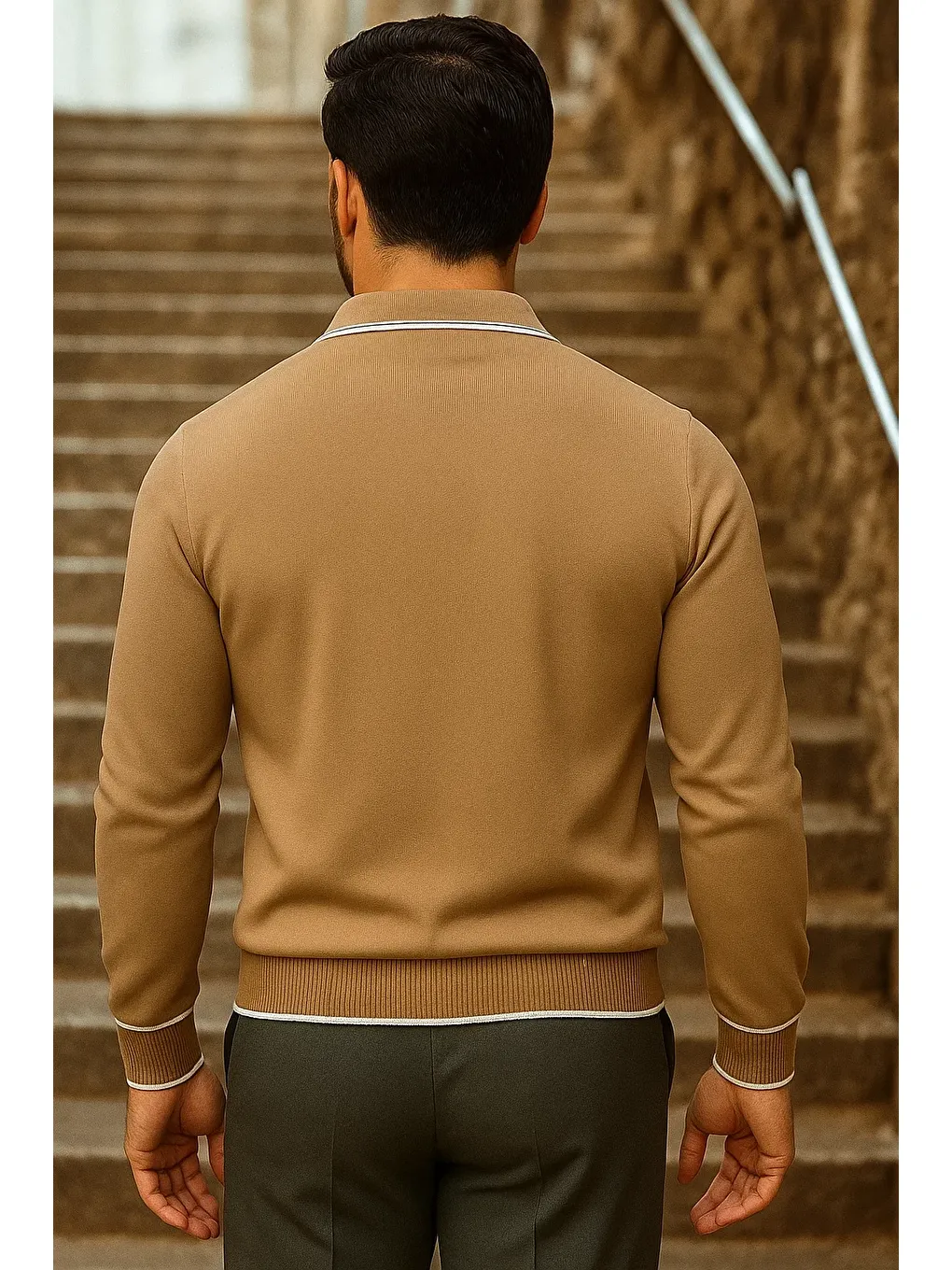 Kahverengi Erkek Trend Fermuarlı Uzun Kollu Camel Polo Yaka Kazak-4