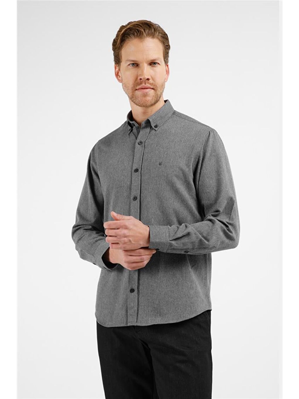 Antrasit - Lacivert Düğmeli Yaka Uzun Kol Cepsiz Slim Fit Pamuklu Gömlek 1004255233-2