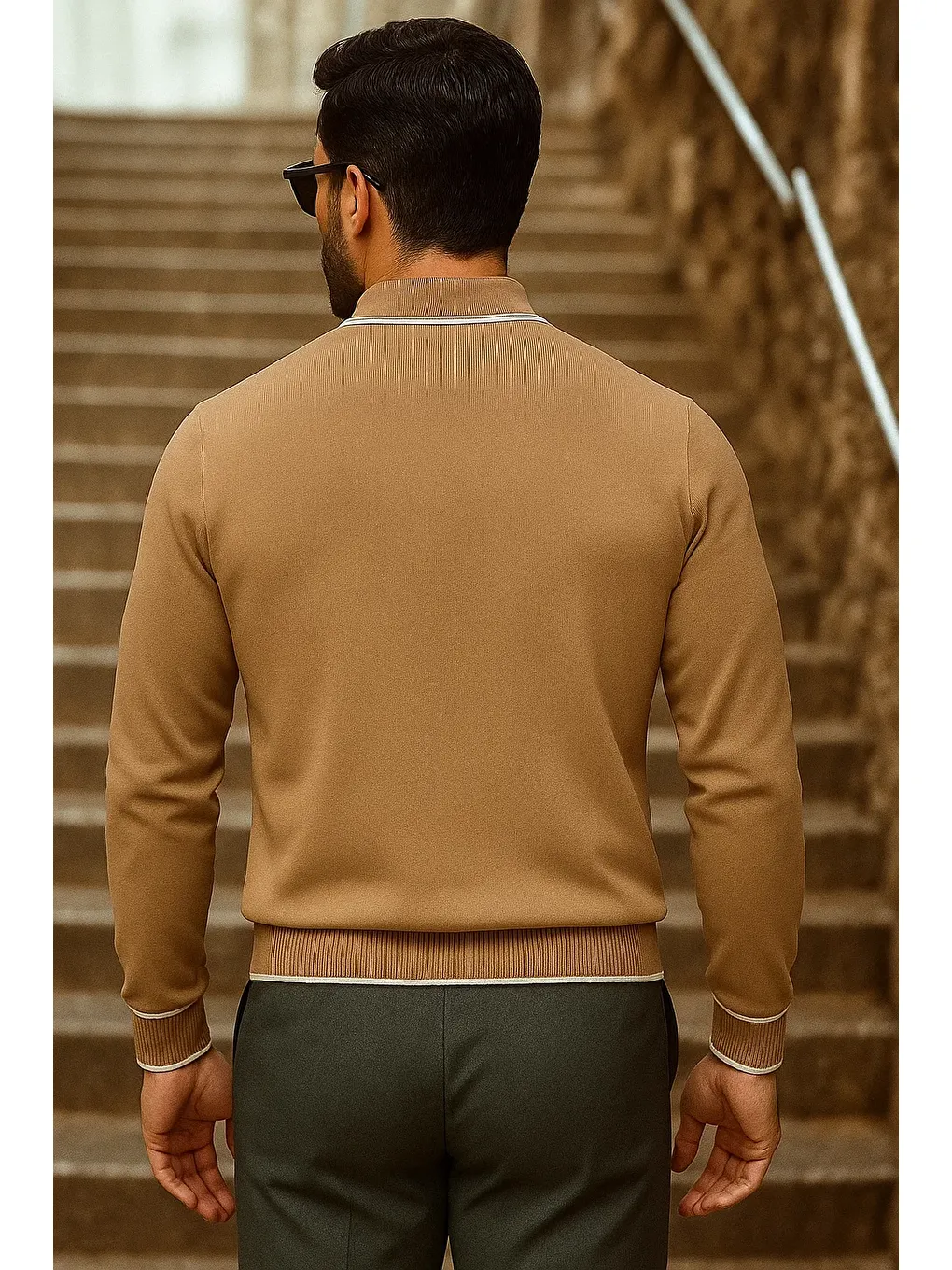 Kahverengi Erkek Trend Fermuarlı Uzun Kollu Camel Polo Yaka Kazak-5