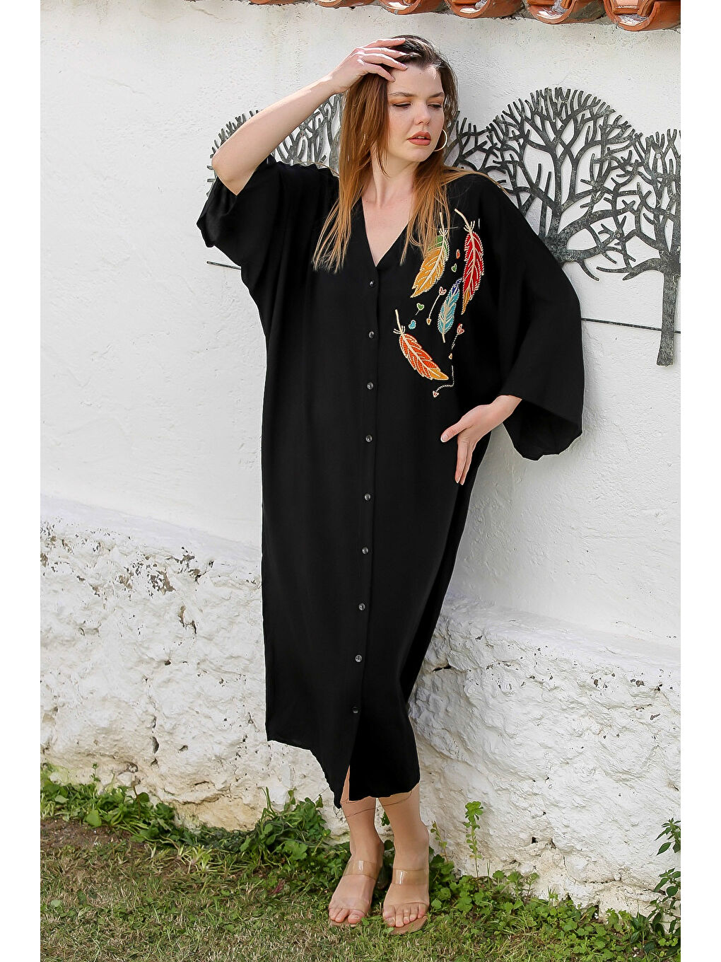 Siyah V Yaka Yarasa Kol Düğmeli Gizli Cepli Nakışlı Casual Viskon Dokuma Elbise 140 90-2