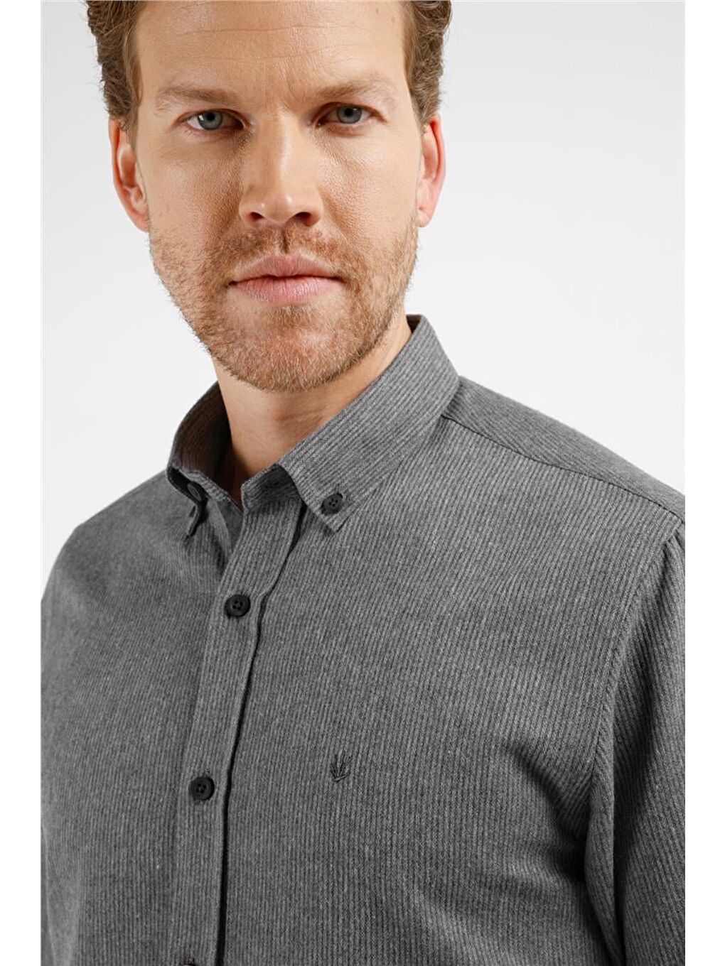 Antrasit - Lacivert Düğmeli Yaka Uzun Kol Cepsiz Slim Fit Pamuklu Gömlek 1004255233-3