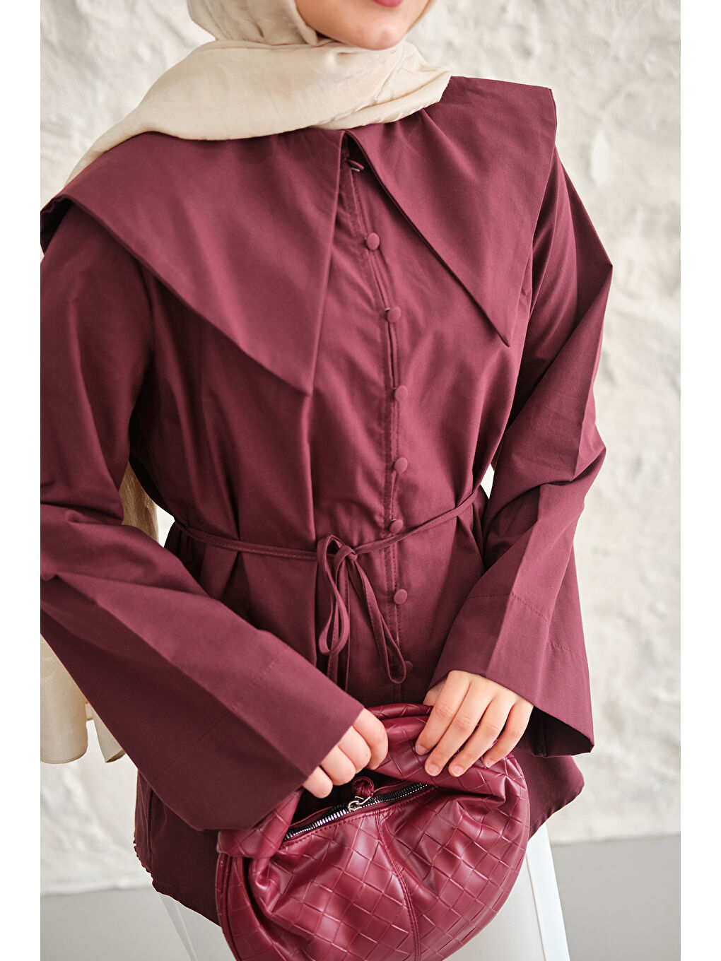 Kadın Gemici Yaka Bel Bağlamalı Gömlek Bordo-3