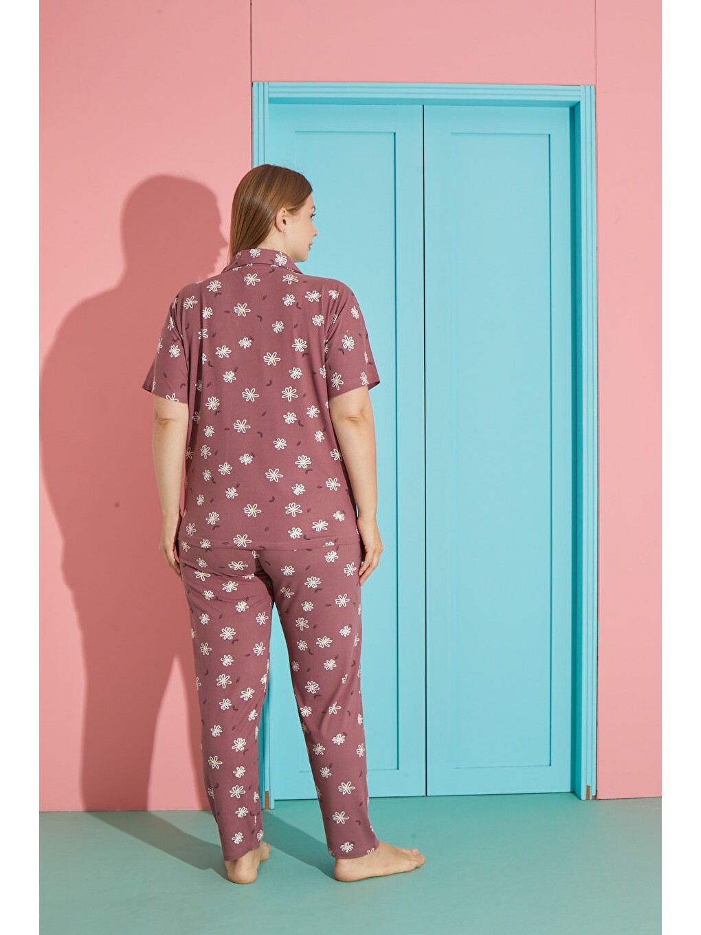 Pembe Kadın Yüksek Kaliteli Büyük Beden Gömlek Yaka Düğmeli Battal Pijama Takımı-1