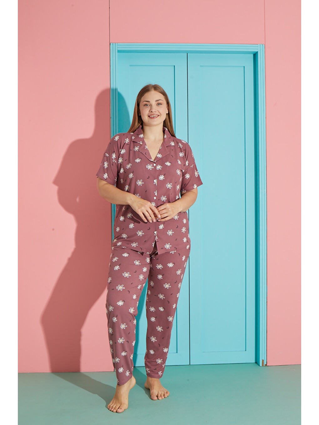 Pembe Kadın Yüksek Kaliteli Büyük Beden Gömlek Yaka Düğmeli Battal Pijama Takımı-2