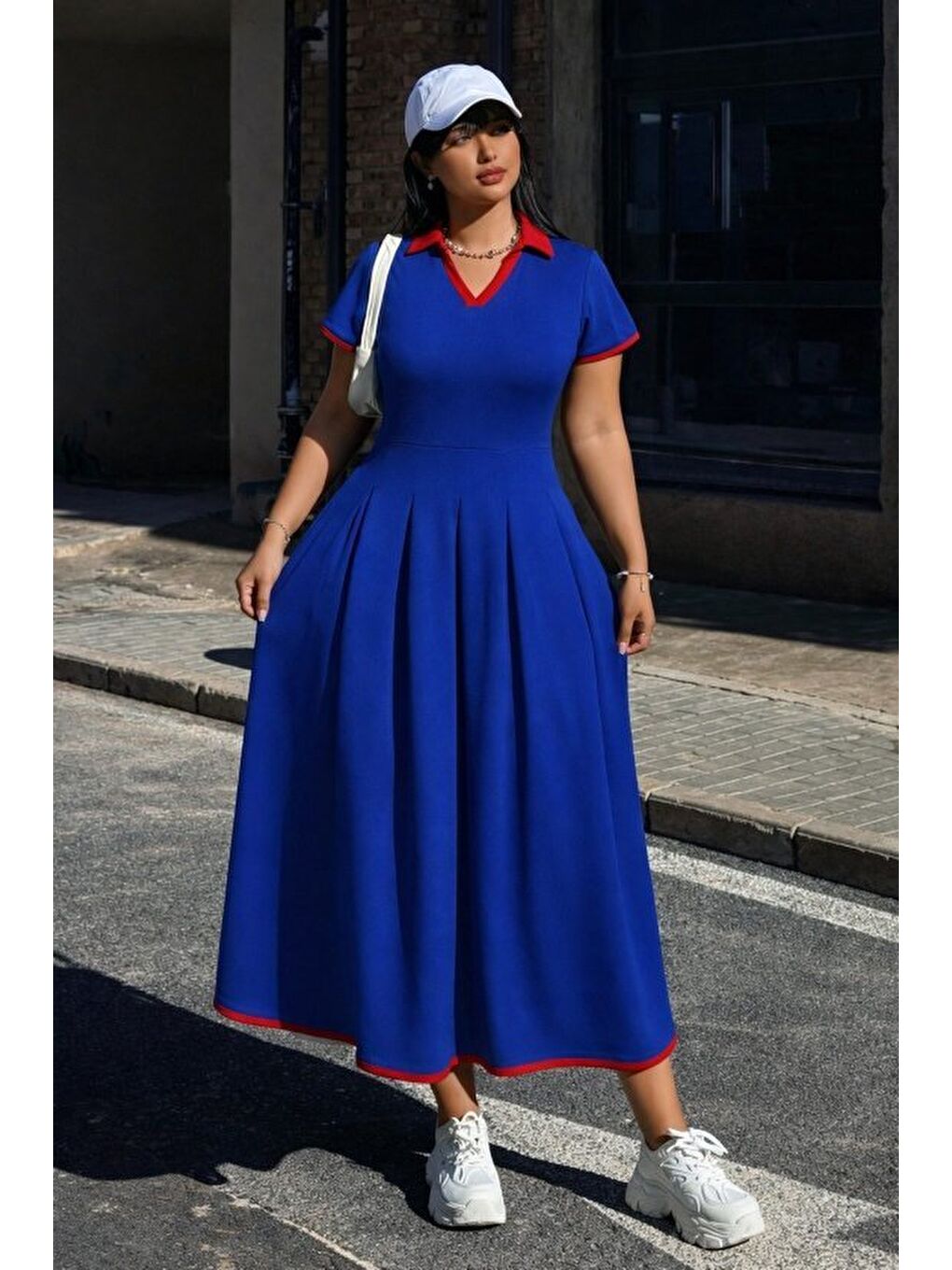 Mavi Kadın Kısa Kollu V Yakalı Pileli Uzun Janjan Krep Elbise