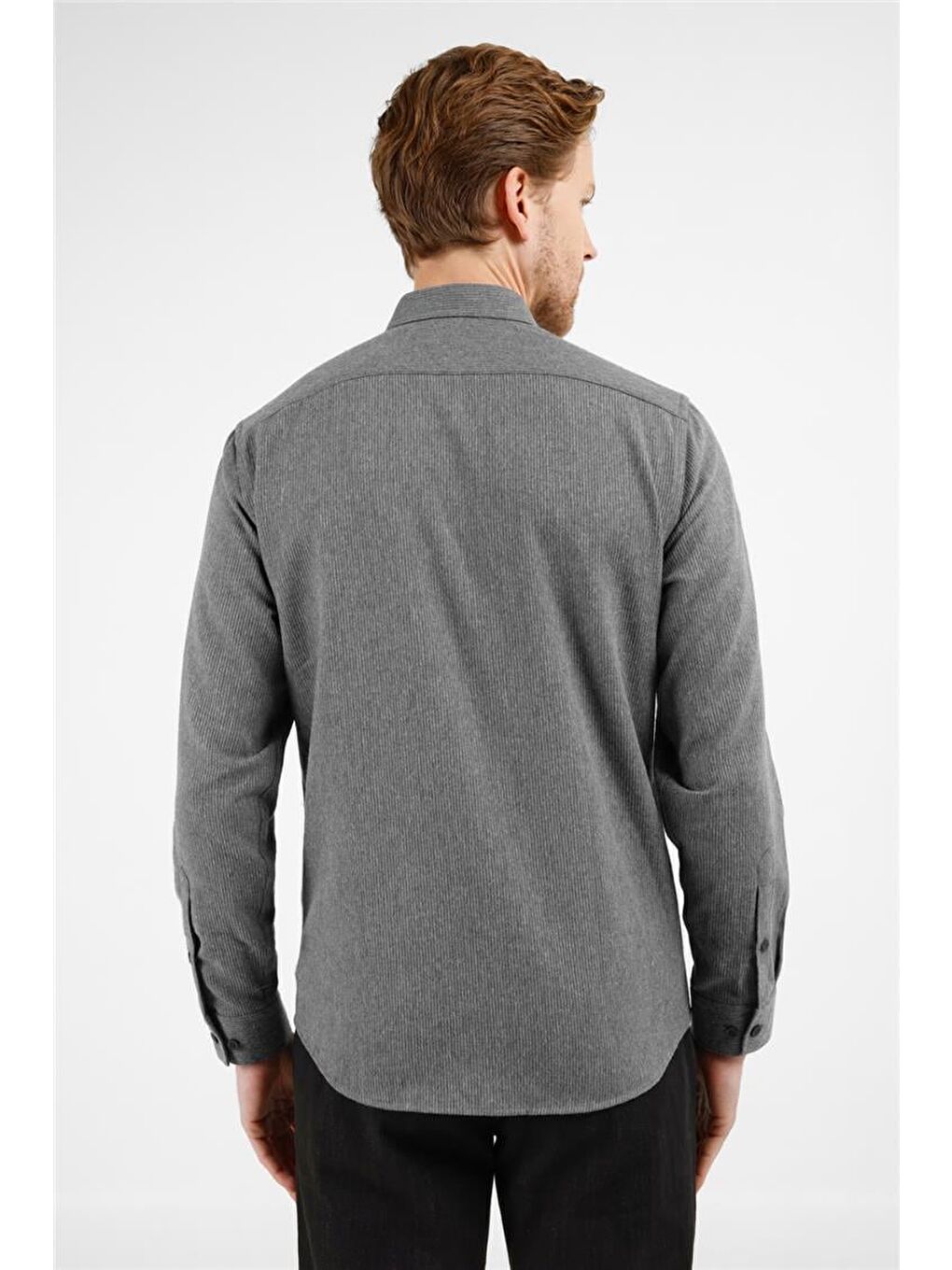 Antrasit - Lacivert Düğmeli Yaka Uzun Kol Cepsiz Slim Fit Pamuklu Gömlek 1004255233-4