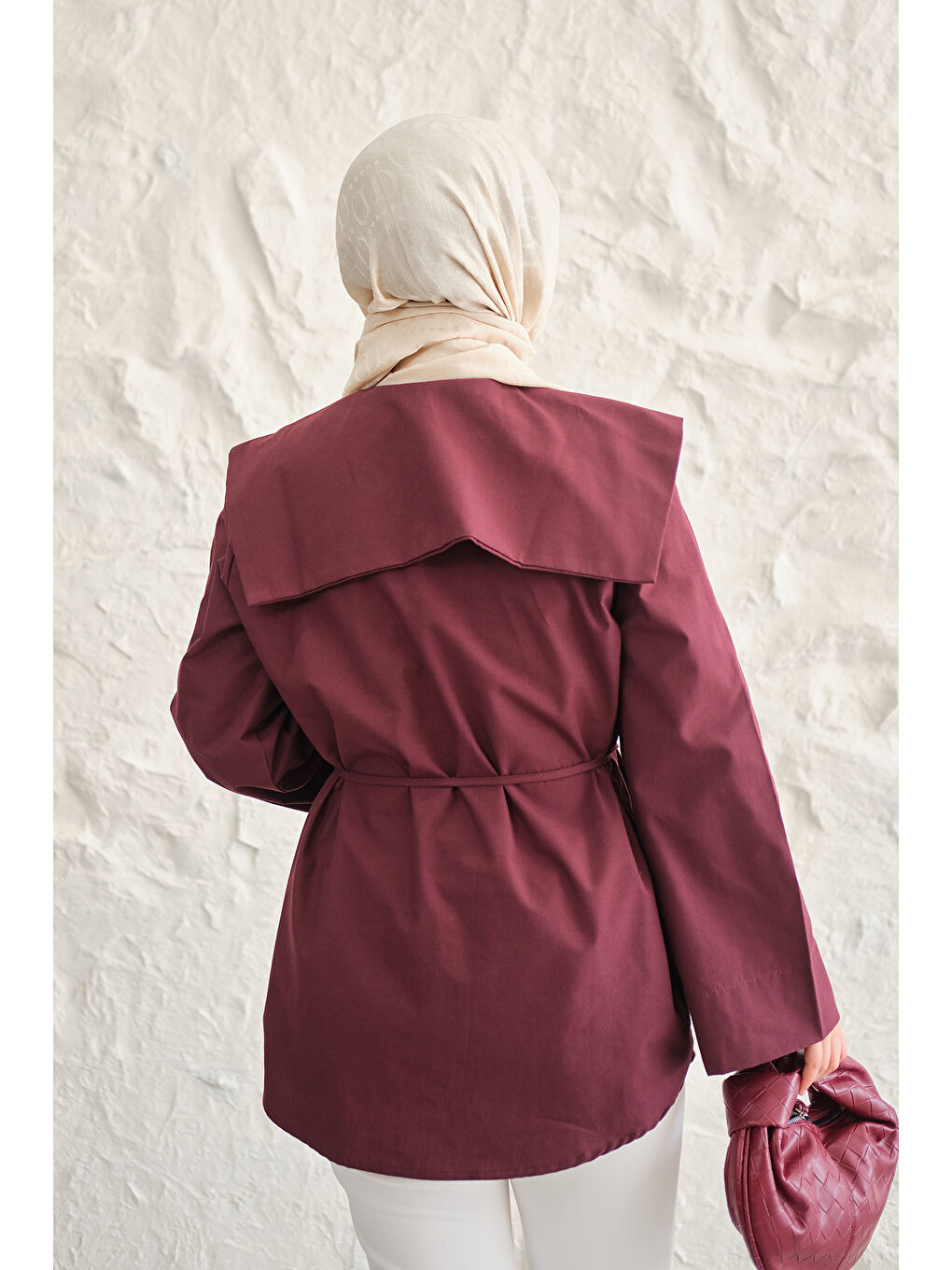 Kadın Gemici Yaka Bel Bağlamalı Gömlek Bordo-4