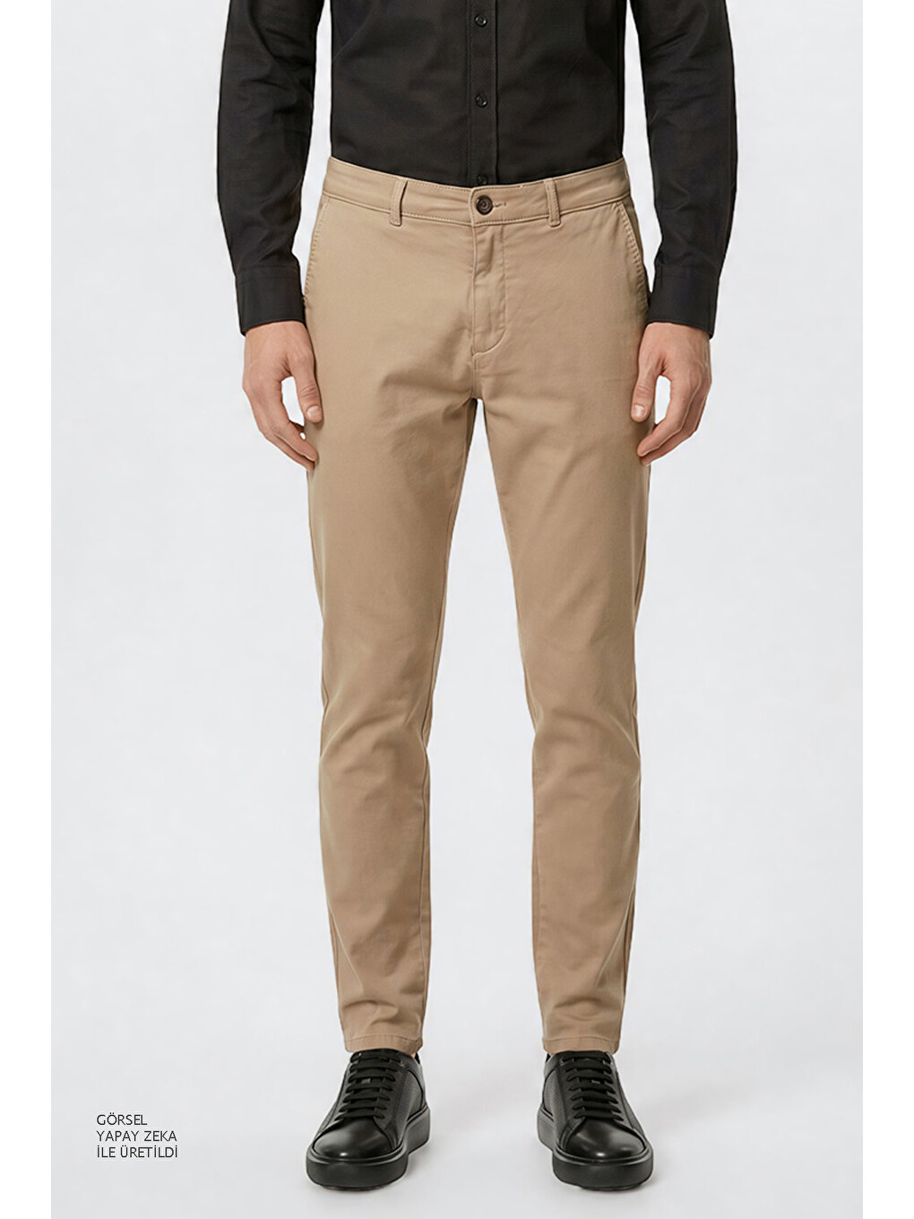 Erkek Bej Pamuklu Slim Fit Dar Kesim Yan Cepli Esnek Pantolon-1