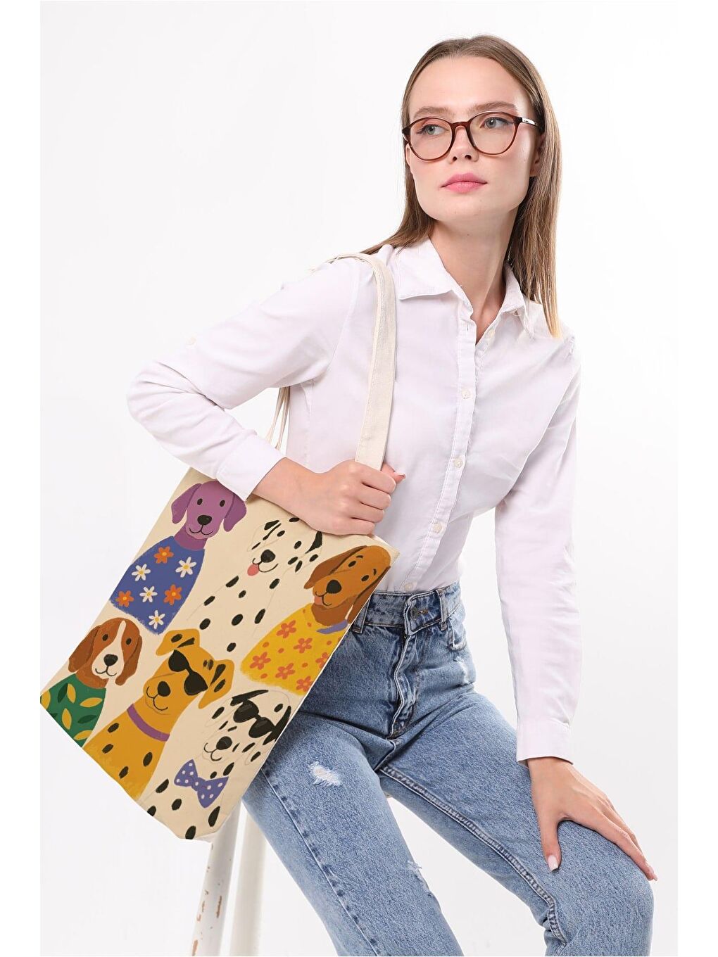 Ekru Kanvas Eğelenceli Köpekler Baskılı Bez Çanta-3