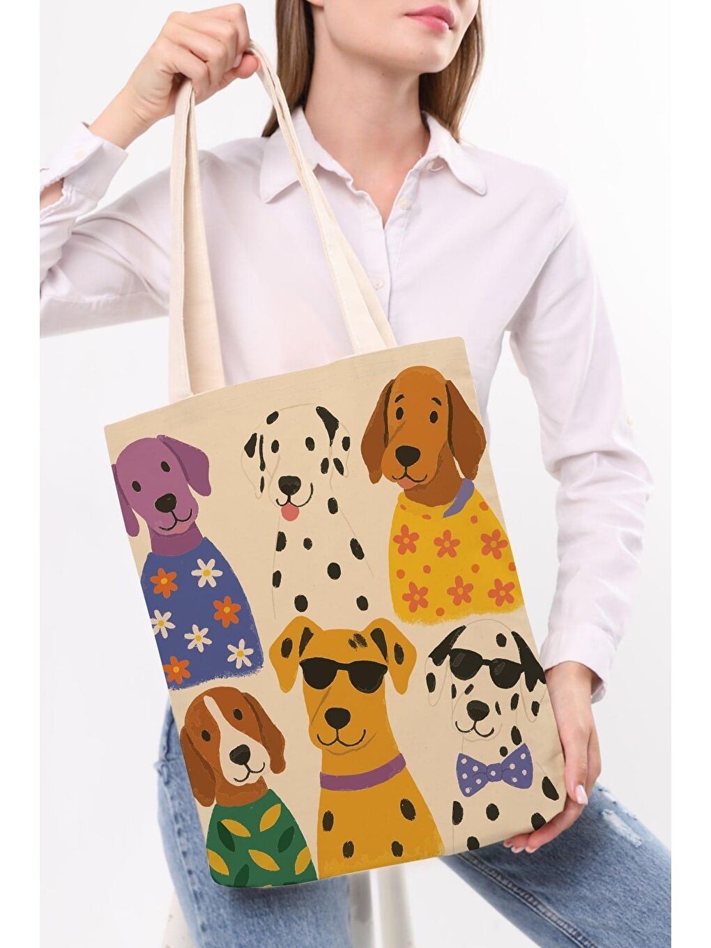 Ekru Kanvas Eğelenceli Köpekler Baskılı Bez Çanta-4