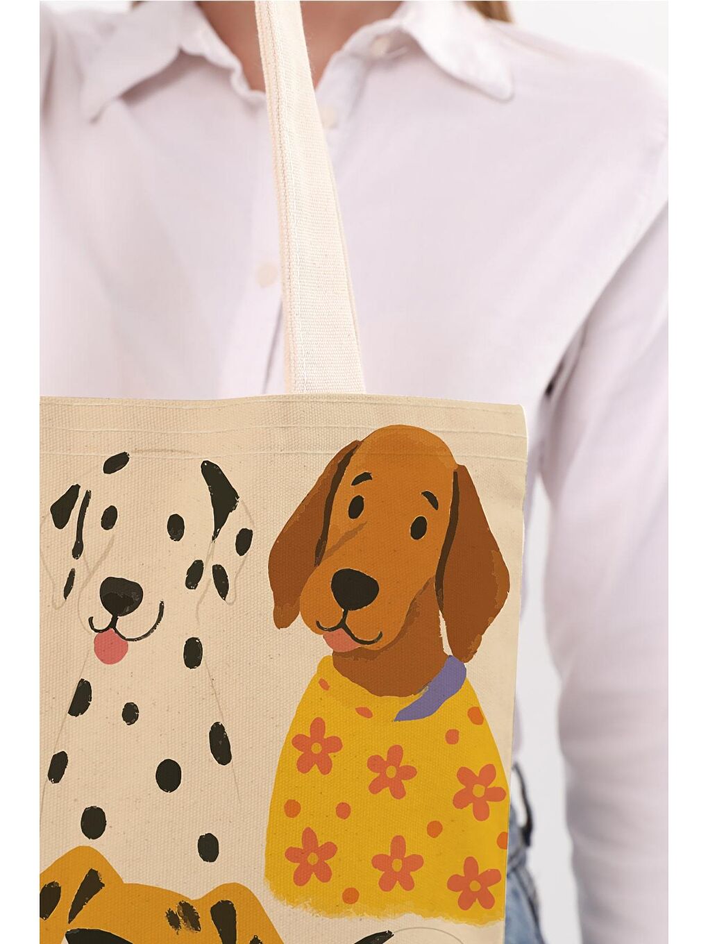 Ekru Kanvas Eğelenceli Köpekler Baskılı Bez Çanta-5