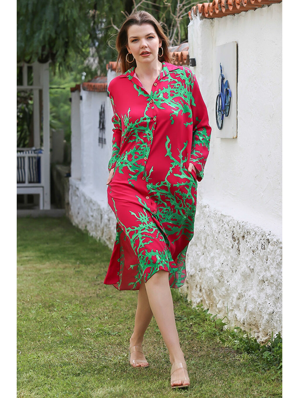 Kırmızı Gömlek Yaka Düğmeli Uzun Kollu Gizli Cepli Yırtmaçlı Casual Viskon Dokuma Elbise 125 65-2