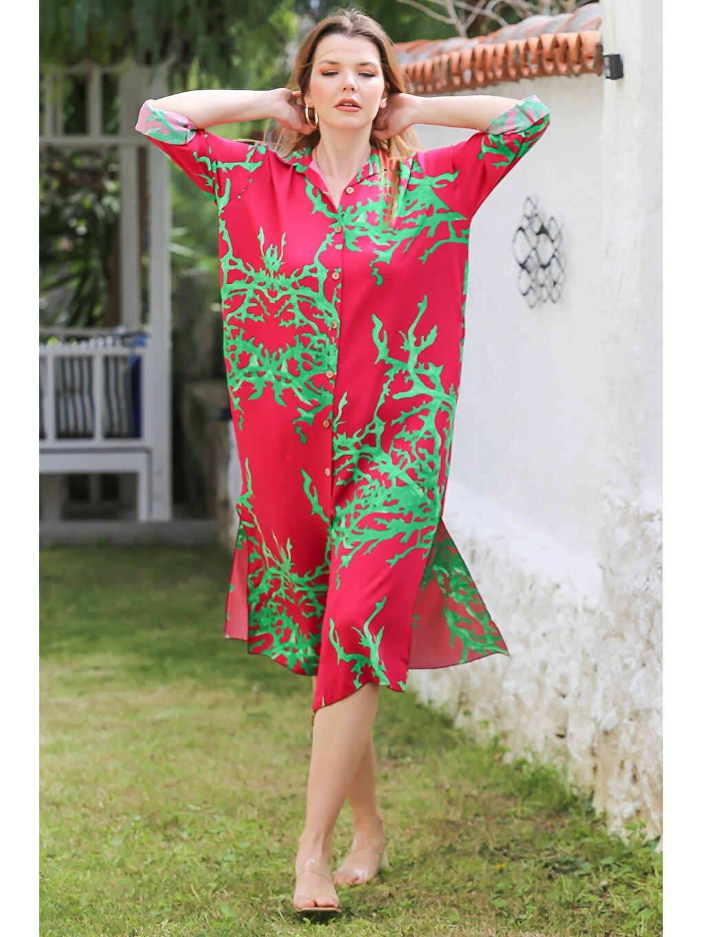 Kırmızı Gömlek Yaka Düğmeli Uzun Kollu Gizli Cepli Yırtmaçlı Casual Viskon Dokuma Elbise 125 65-3