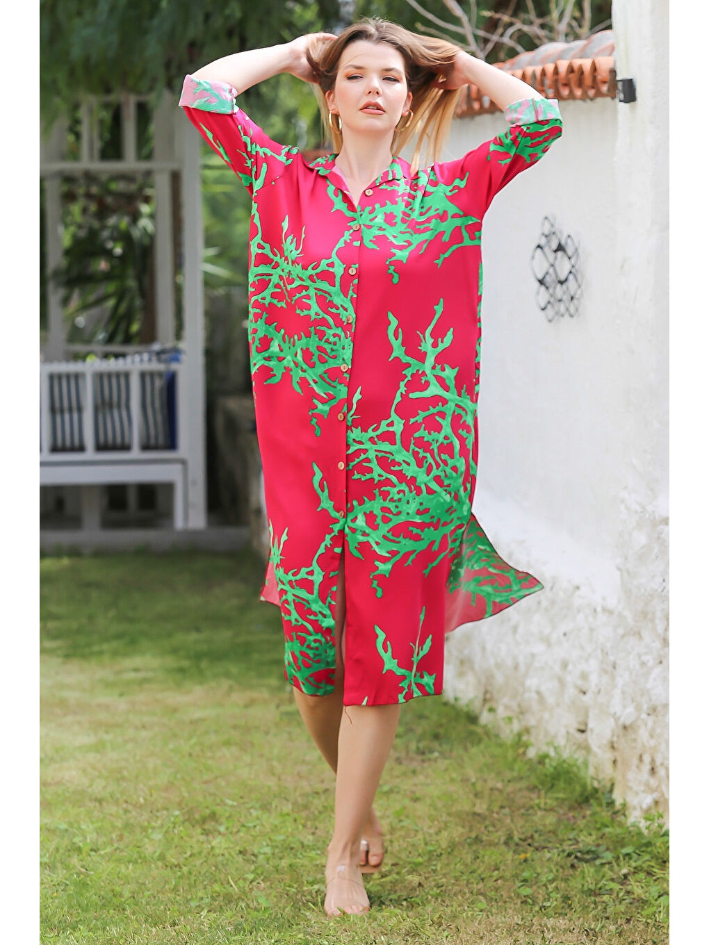 Kırmızı Gömlek Yaka Düğmeli Uzun Kollu Gizli Cepli Yırtmaçlı Casual Viskon Dokuma Elbise 125 65-4