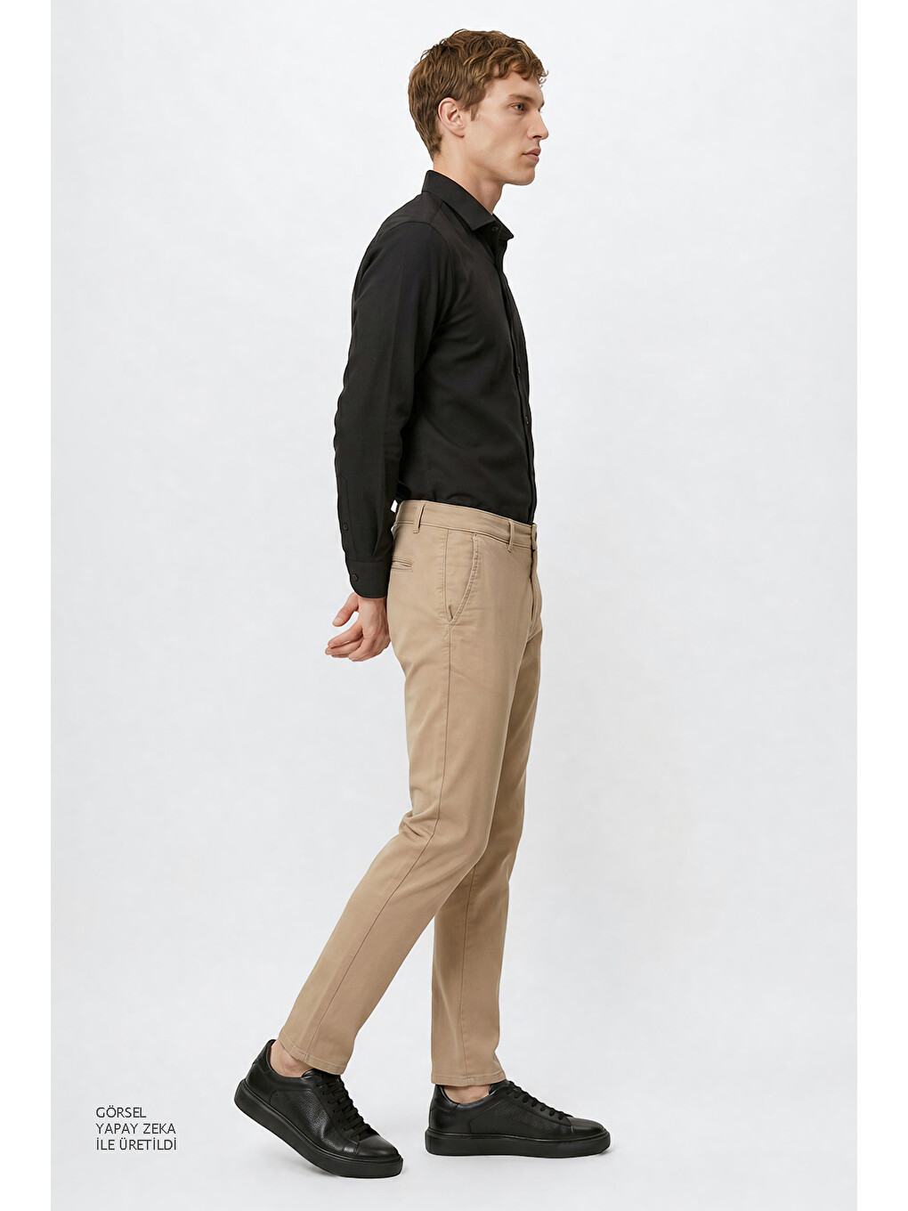 Erkek Bej Pamuklu Slim Fit Dar Kesim Yan Cepli Esnek Pantolon-2