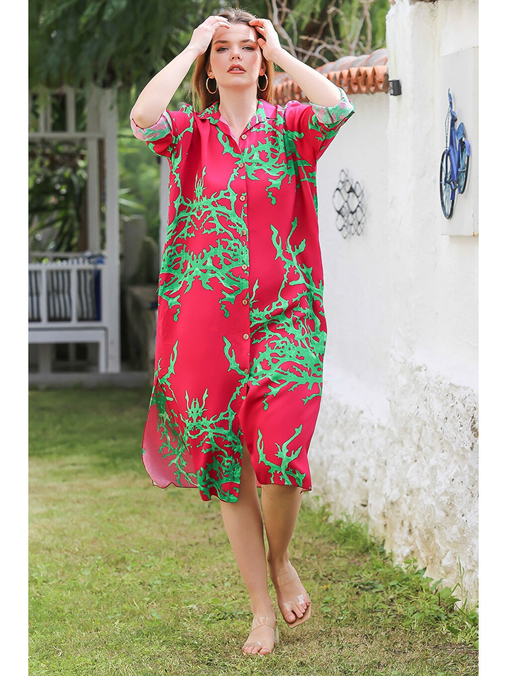 Kırmızı Gömlek Yaka Düğmeli Uzun Kollu Gizli Cepli Yırtmaçlı Casual Viskon Dokuma Elbise 125 65-5