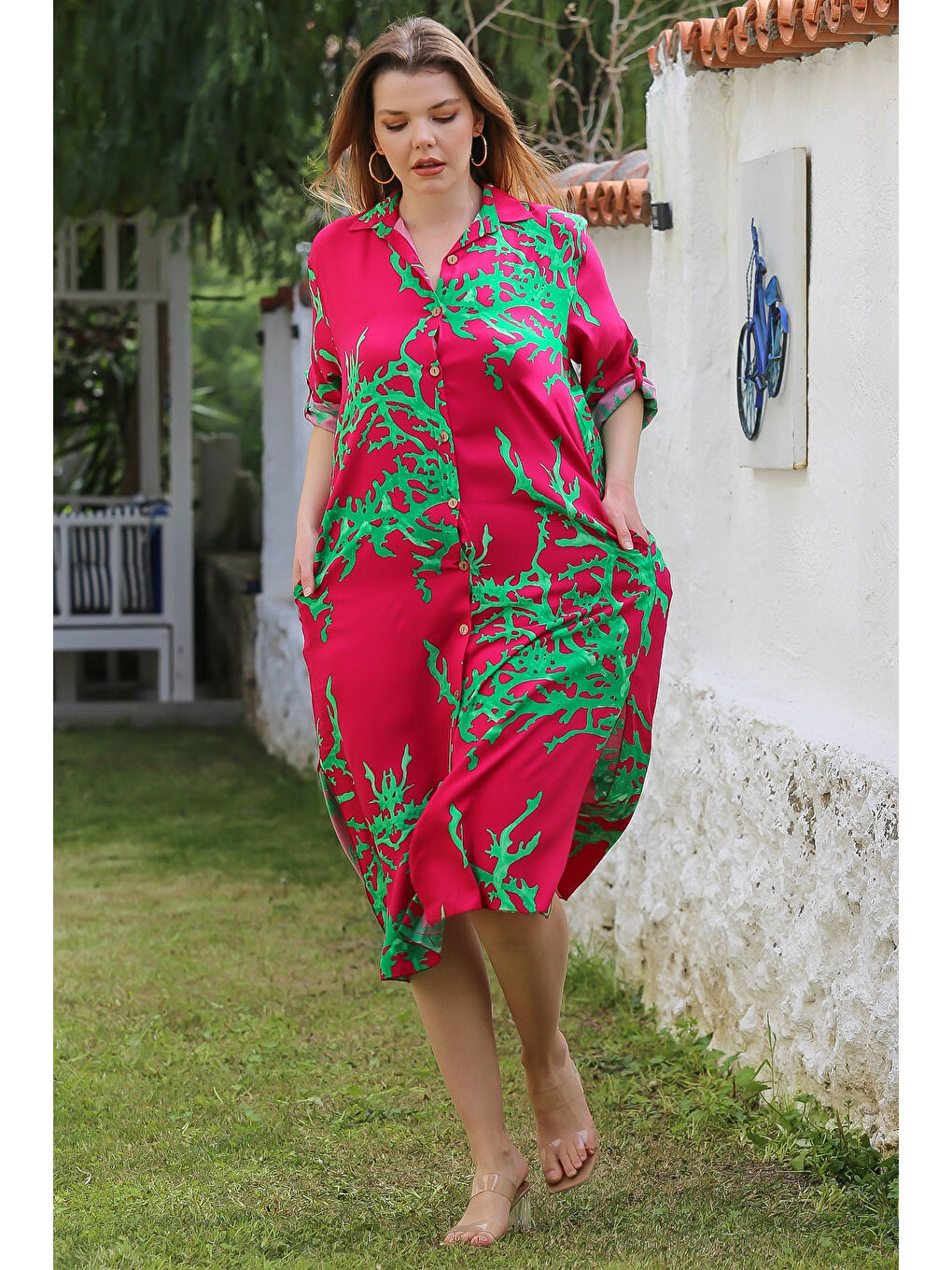 Kırmızı Gömlek Yaka Düğmeli Uzun Kollu Gizli Cepli Yırtmaçlı Casual Viskon Dokuma Elbise 125 65-6