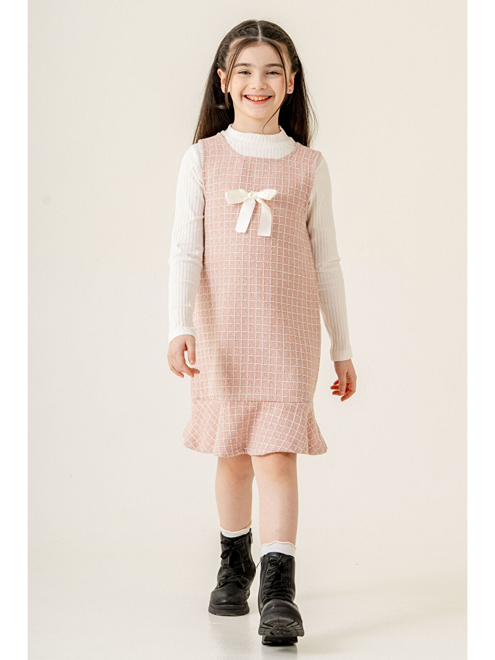 Pembe Kurdele Detaylı Badili Parıltılı Elbise Kız Çocuk 5-9 Yaş Pudra 3777-3