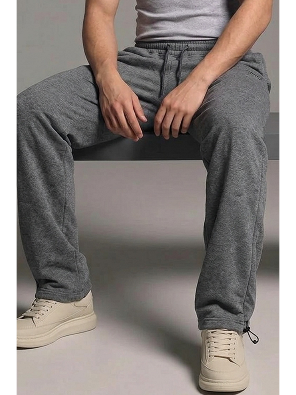 Gri Erkek Baskılı Bol Paça Füme Baggy Eşofman Altı-5