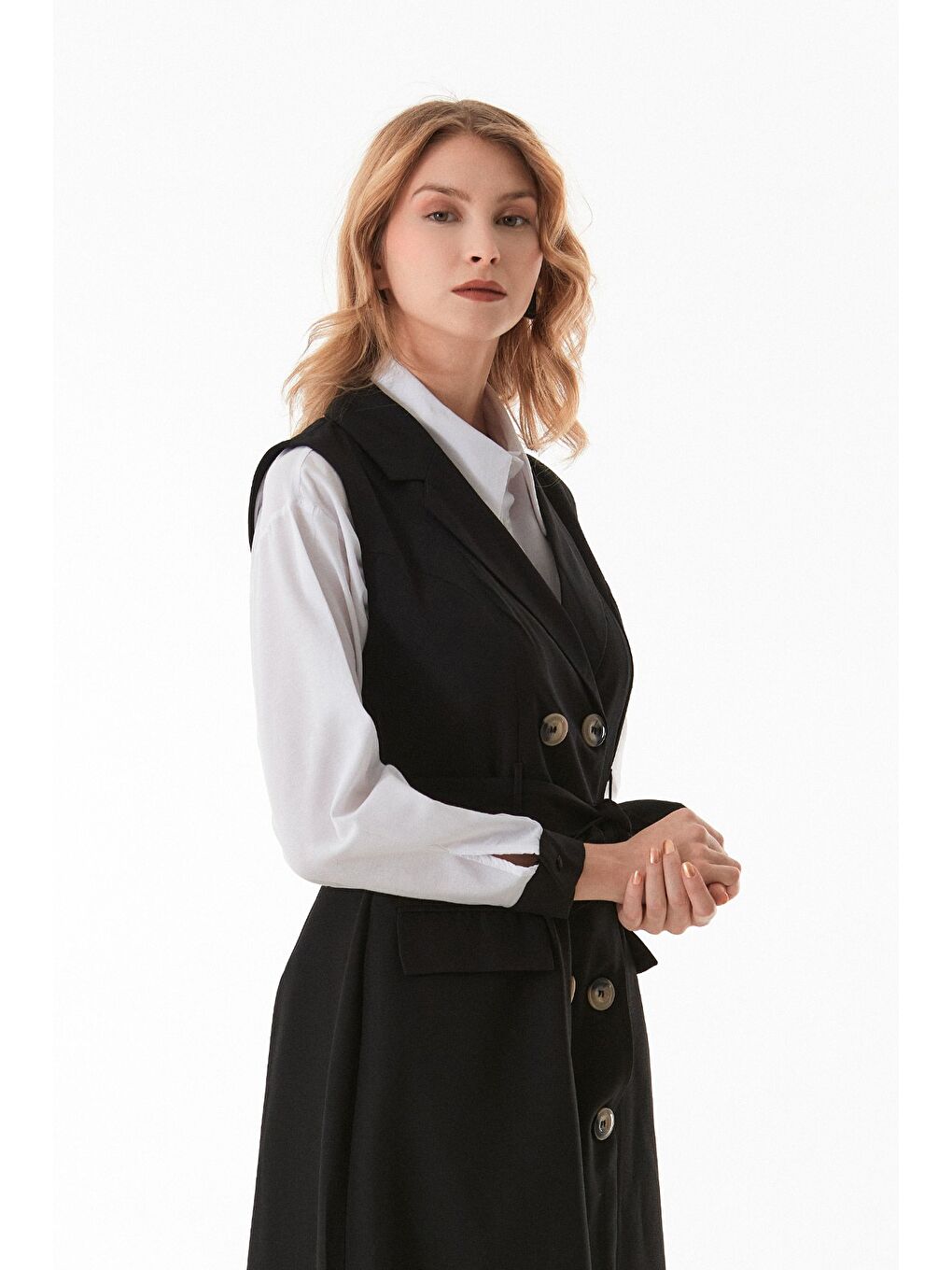 Siyah Fullamodest Düğmeli Cepli 2 Li Elbise Gömlek Takım-3