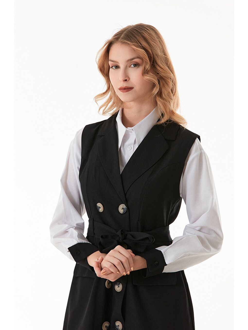 Siyah Fullamodest Düğmeli Cepli 2 Li Elbise Gömlek Takım-4