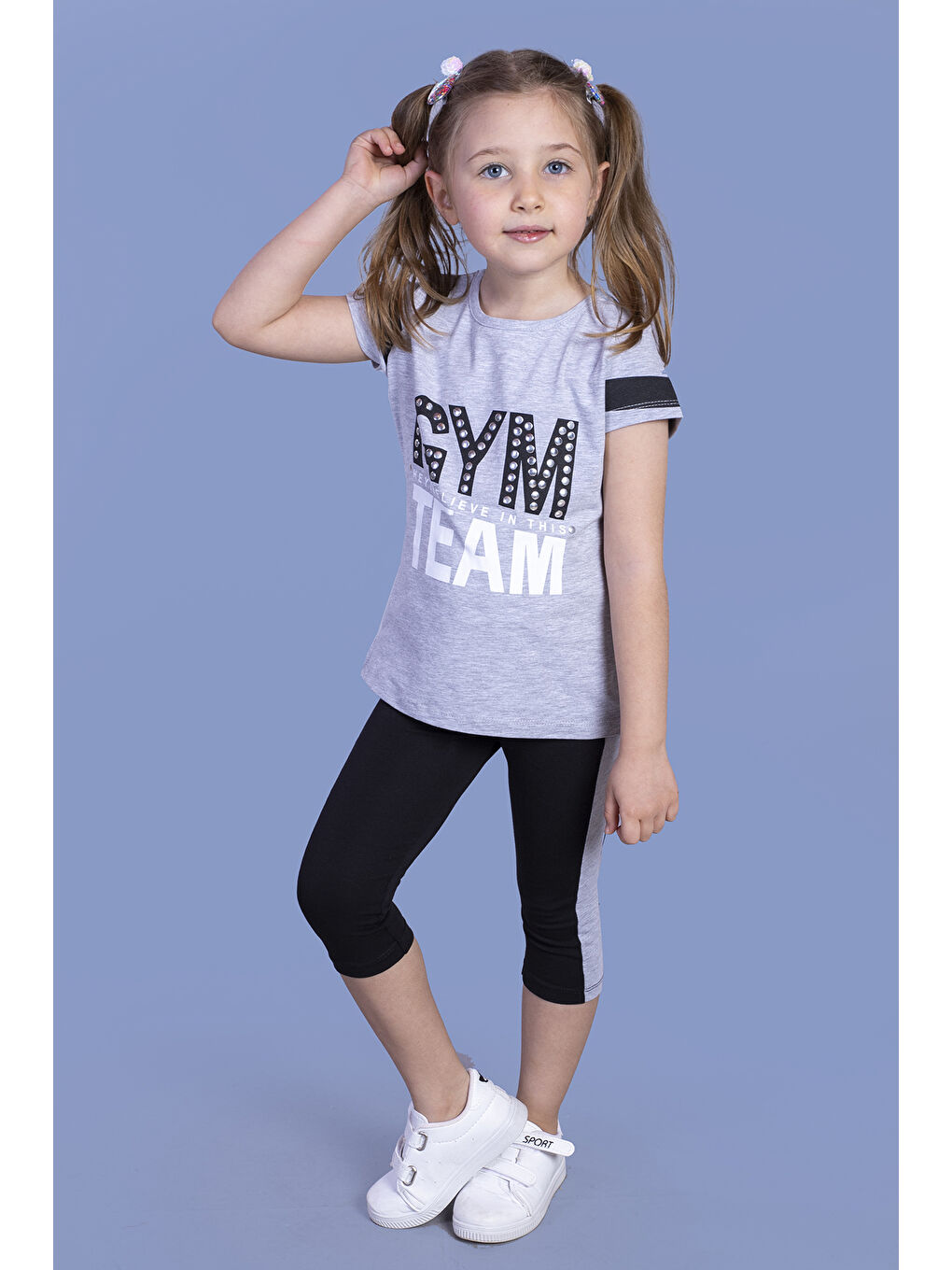 Gri Kız Çocuk Baskılı Taytlı Takım-3